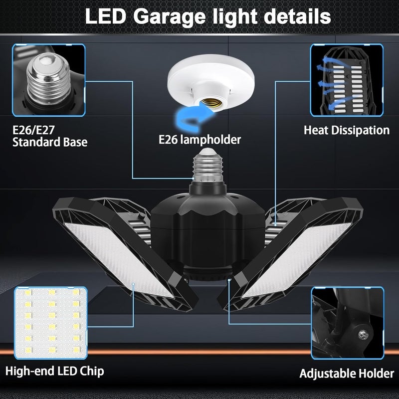 AUDLES 2 Pack LED Garage Light, 150W 15000LM 6500K LED Shop Lights, Garage Lights Ceiling Led with 4 Deformable Panels, Screw in E26/E27 Bulb Socket for Warehouse, Basement, Attic, Barn, High Bay Lighting - Image 2